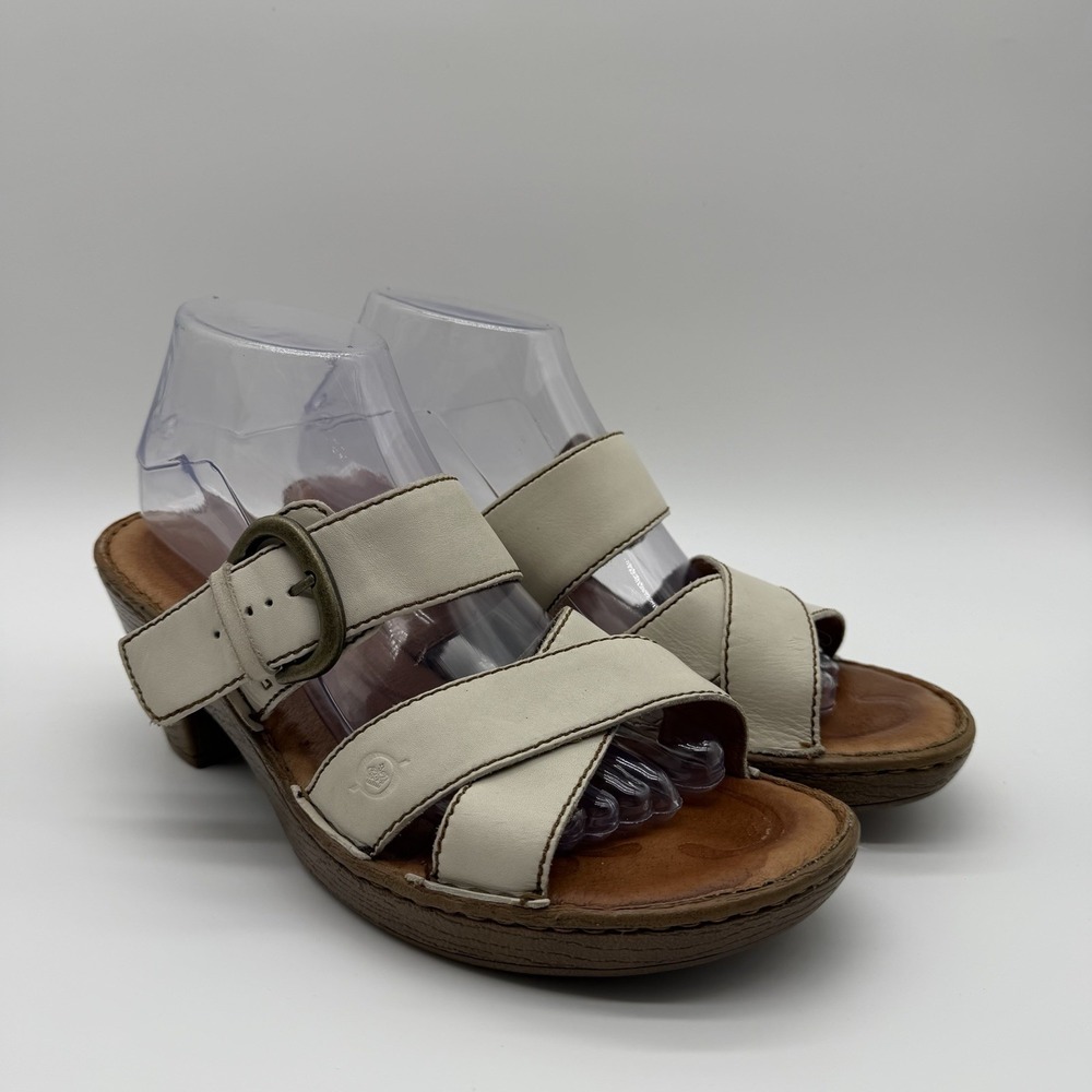 Born Salina Cream Leather Strappy Wedge Sandals Platform Wood Heel Women's 9